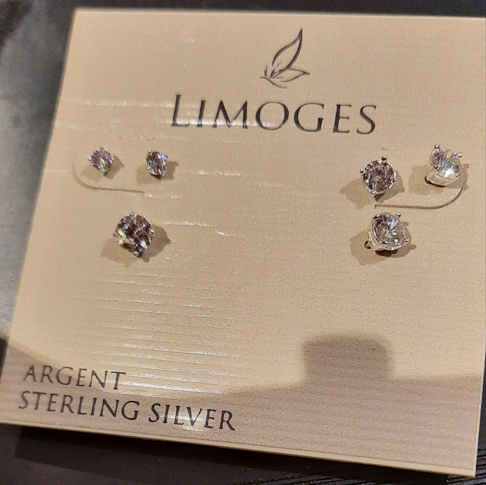 NWT LIMOGES SET OF 3 PAIRS EARRINGS GENUINE SOLID STERLING SILVER